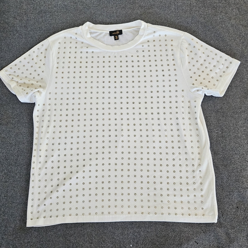 Stud-Embellished White Short Sleeve Top